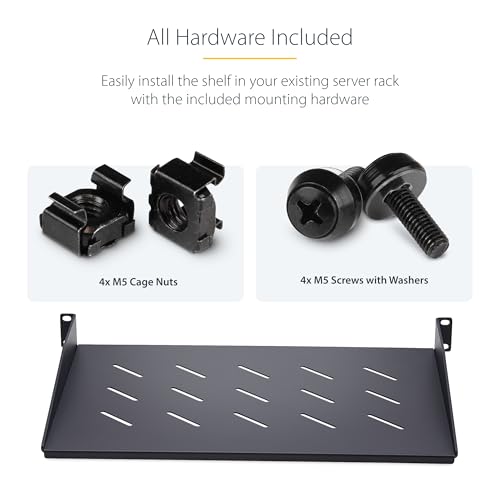 Image of StarTech 1U Vented Server Rack Shelf, 12in, 25lb (CABSHELFV1U-12-RACK) | EIA-310 19in rack and cabinet fit, 11.3kg, 31.5cm mounting depth, SPCC cold-rolled steel, Passive airflow