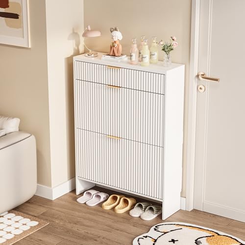 Image of Fluted Shoe Cabinet Storage with 2 Flip Drawers & 1 Drawers, Wood Narrow Hidden Shoe Cabinet with Shelf for Entryway, Freestanding Slim Shoe Rack Organizer for Hallway Living Room(White)