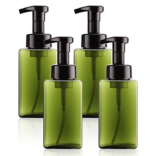 Foaming Plastic Soap Dispenser Container, Suream 4 Pack 12.8oz/450ml Green Refillable Hand Pump Bottle for Lotion, Shampoo, Conditioner, Empty Square Bottle for Bathroom Body Wash, Kitchen Sink,Travel