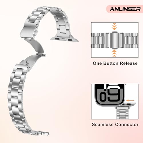 Image of Anlinser Bands Compatible with Apple Watch Band 49mm 46mm 45mm 44mm 42mm, Women Slim Stainless Steel Metal Strap for iWatch Ultra 2 Series 10 9 8 7 6 5 4 3 2 1 SE (Silver)