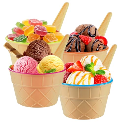 4 Pack Ice Cream Bowls and Spoons Set Plastic Cups Party Favor Kids Gift