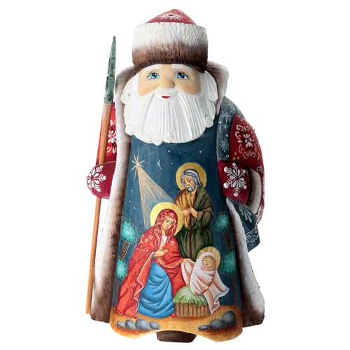 Red Ded Moroz with Nativity Scene, Wooden Figurine, 9 in