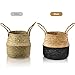 Patelai 3 Set Seagrass Belly Storage Basket Woven Plant Pot Holder with Handles for Plants Picnic Grocery Laundry(Black)