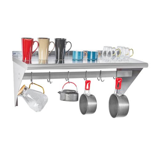 Image of Hally Stainless Steel Shelf with 6 Hooks 18 inch x 36 inch Wall Mounted Pot Rack 350lb, NSF Commercial Floating Shelving for Storage Hanging Pots, Pans, cookware in Restaurant, Kitchen, Home and Hotel