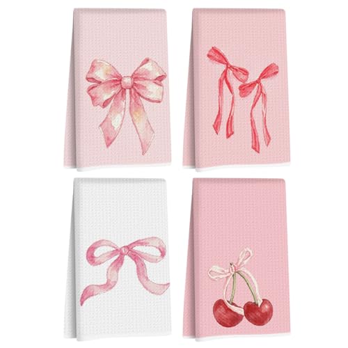 Image of 4 Pcs Pink Bow Hand Towels 24x14 Inch, Bows Decor Reusable Tea Towels