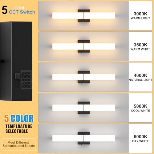 Image of 24 Inch 30W Led Bathroom Vanity Light,3000K-6000K Dimmable Vanity Lighting Fixtures with White Acrylic Lampshade,Indoor Hardwired Wall Light Over Mirror for Mirror Restroom(Black,1 Pack)
