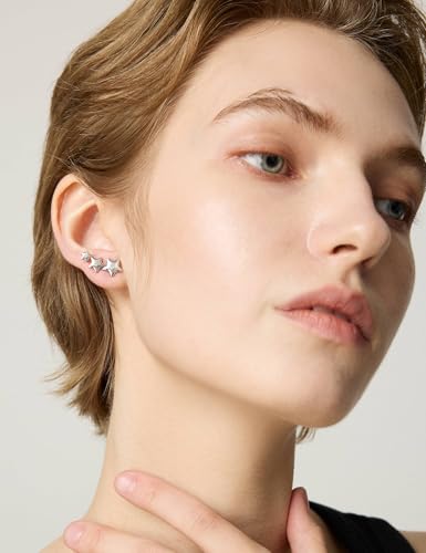 Star Earrings for Women Set 1 Pairs 316L Stainless Steel Hypoallergenic Earrings Star Climber Stud Earrings Set (Silver/Gold/Rose Gold)4