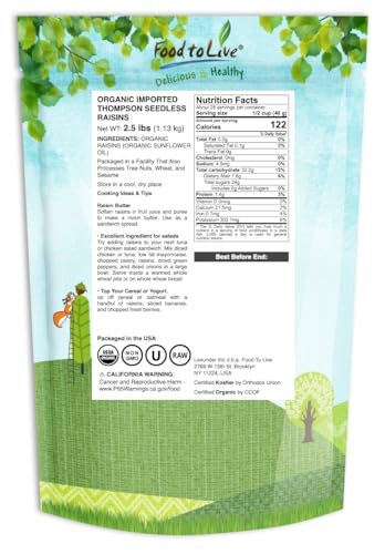 Food to Live Imported Organic Raisins, 2.5 Pounds — Sun Dried Thompson Seedless Select Grapes, Non-GMO, Raw, No Sugar added, Pesticide-Free, Kosher, Vegan, Lightly Coated with Organic Sunflower Oil