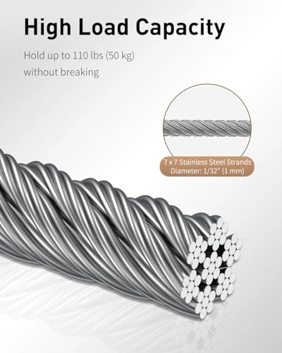 Image of Uniclife Picture Hanging Wire, 23 Feet 1 /32 inch Picture Wire Kit with D-Ring Hangers, Stainless Steel Wire Rope for up to 110 lbs, Trellis Wire Cable for Pictures Photo Frames and String Lights