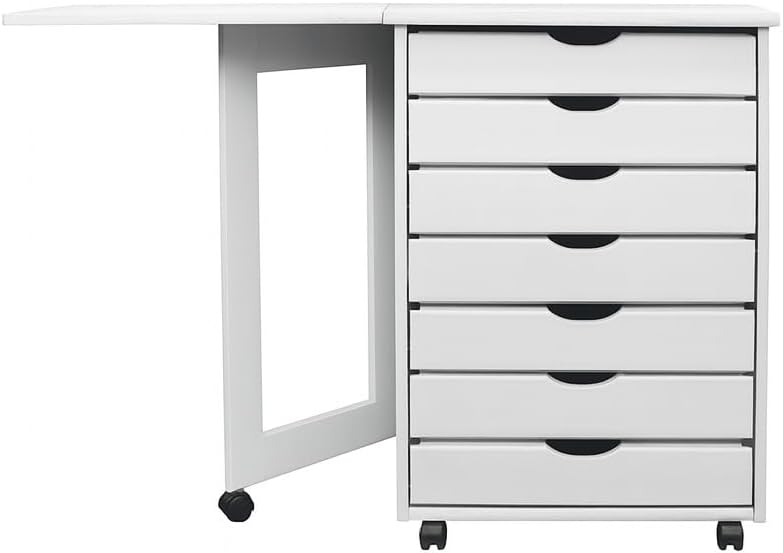 Solid Pine Wood 7 Drawer Wide Rolling Cart, White