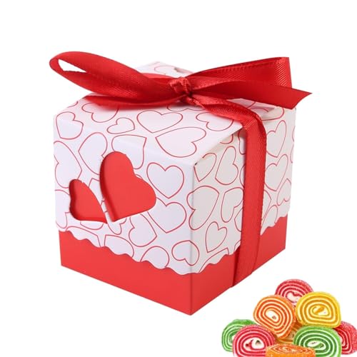 50 Pièces Boîtes à Dragées Baptême,Boîte à Bonbons en Papier Creux,Boîtes à Confettis Coeur Rouge,Boite de Bonbons,Boitess Cadeau avec Ruban pour la...