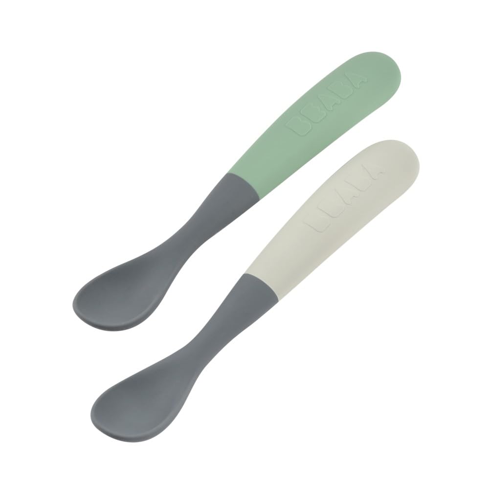 BÉABA, Zestaw 2 Łyżki silikonowe dla dzieci, Pierwszy wiek, Począwszy od 4 miesięcy, zaokrąglony nosek, długi i ergonomiczny uchwyt, łatwy chwyt, silikonowy matowy, Nie blaknie, pudełko,