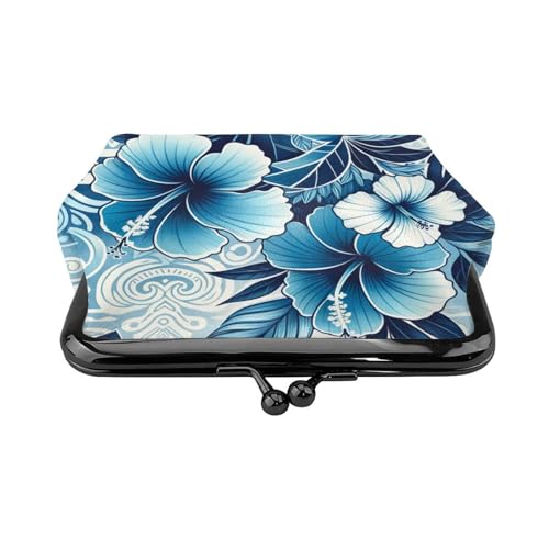 Pu Leather Buckle Coin Purse Hawaiian-Hibiscus-Blue-Floral Girls Kiss-Lock Change Purse Wallets2