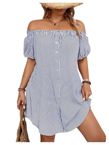 Image of Floerns Women's Plus Size Striped Off Shoulder Short Sleeve Button Tunic Dress