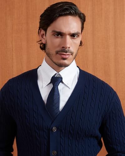 Kallspin Men's Pure Cotton Cable Knit Cardigan V-Neck Sweater Classic Casual Knitwear with Buttons4