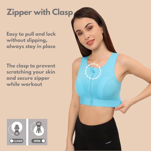 Image of GLAMORAS Women's Wirefree Full Coverage Sports Bra Medium Impact Mesh Racerback Design with Front Zip, Removable Pads Ideal for Gym, Yoga, Fitness Workouts