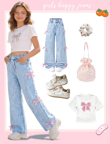 Image of Jeans for Girls Baggy Wide Leg Cute Bow High Elastic Waisted Denim Pants Y2K Boyfriend Skater Streetwear 7-14Y