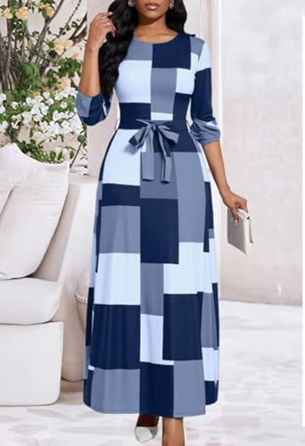 Image of BubFee Long Dress for Women Casual Long Sleeve Dresses Maxi Dress Empire Waist Loose with Belt