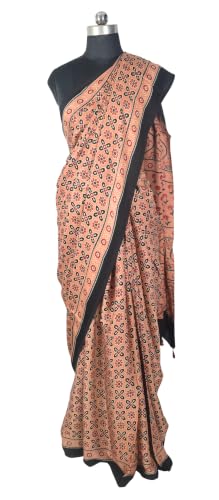 Image of Ethnics of Kutch Womenss Ajrakh Modal Silk Natural Dye Hand Block Print Saree with Blouse Piece - 5.5 Mtr Length (Pitch 09501E)