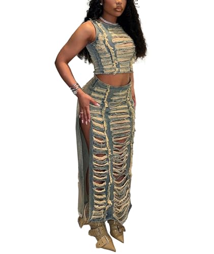 SEMATOMALA Women's Jeans Skirt Two Piece Outfits Ripped Distressed Hollow Out Crop Tank Tops and Split Maxi Skirts Set2