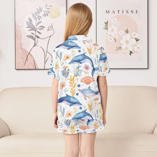 ALAZA Dolphin Flower Leaves Pajamas Satin Pajama Set Short Sleeve Button Down Sleepwear4