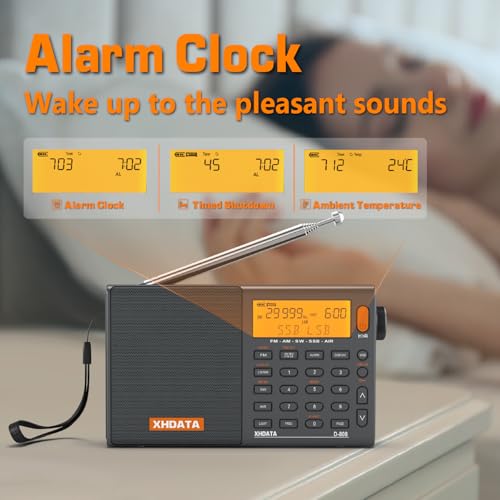 Image of XHDATA D808 Portable AM FM SW LW Air Band Radio SSB RDS Multi Band Radio Speaker with LCD Display Alarm Clock External Antenna (Grey)