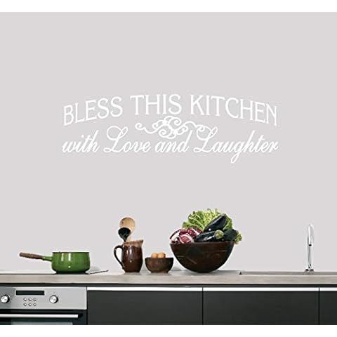Sweetums Signatures - Wall Decal for Kitchen - Bless This Kitchen with Love and Laughter Sticker - Multiple Size Options - Select Your Color (White, 36" Wide x 12" Tall) Cover