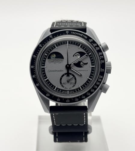 Image of Quartz Moon Chronograph, Silver Dial, Black Leather Strap, Tachymeter Bezel, Moon Phase Display