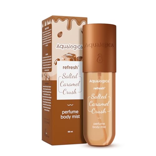 Image of Aqualogica Refresh+ Perfume Body Mist - Salted Caramel Crush | Mouthwatering Gourmand Scent | Long Lasting Fragrance | Double Duty for Hair & Body | Non-Irritating & Hydrating | Infused with Zemea & Hyaluronic Acid | For Men & Women | 150 ml