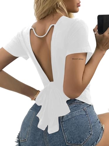 LilyCoco Backless Tops for Women Short Sleeve Sexy Crew Neck Tie Back Plain Shirt3