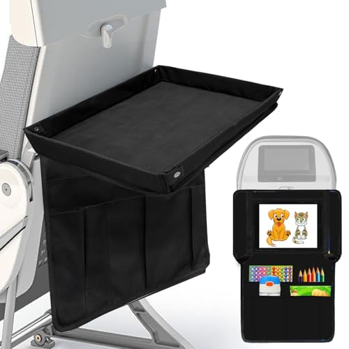 Adjustable Kids Tray Table Cover with Multi Portable Pockets Airplane Travel Essentials for Kids Toddlers Adults Airplane Must Haves Plane Travel Essentials Travel Tray for Plane Train Black