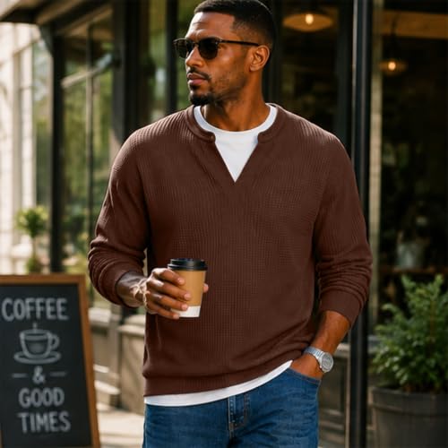 Layered Waffle Tee Men Long Sleeve Vneck Layered Comfort Waffle Tee - image 3