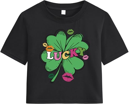 Image of Girls Crop Tops St Patricks Day T-Shirts Lucky Clover Short Sleeve Shirts Kids Shamrock Tees 5-14 Years