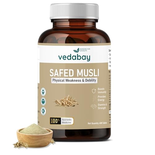 Vedabay Safed Musli Capsules 600mg, Improves Strength, Performance & Vitality, Anxiety and Stress Relief, ISO Certified, 60 Safed Musli Capsules Vedabay Safed Musli Capsules 600mg, Improves Strength, Performance & Vitality, Anxiety and Stress Relief, ISO Certified, 60 Safed Musli Capsules
