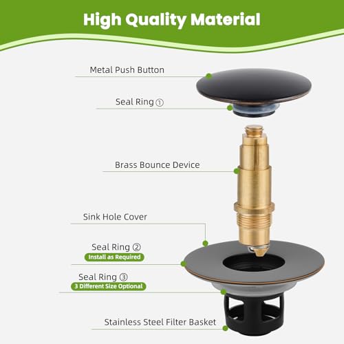 Image of Universal Bathroom Sink Drain Strainer, Big Cover, Oil Rubbed Bronze | 2 in 1 Pop Up Sink Stopper for 1.1''~2.36'' Sink Basin Hole, Hair Catcher with Removable Stainless Steel Filter Basket