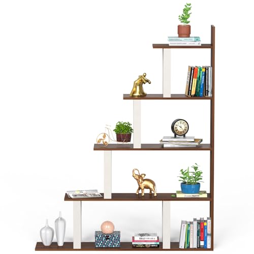 Image of BLUEWUD Wolabey Engineered Wood Ladder Style Bookshelf Cabinet Book Rack Organizer with Shelves for Decor Display, Cabinet Wall Floor Standing for Home (Brown Maple & White)
