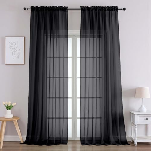 Image of Chyhomenyc Black Sheer Curtains 96 Inches Long 2 Panels, Light Filtering Black Curtains for Living Room, Soft Gentle Voile Rod Pocket Bedroom Window Drapes, 59Wx96L Inch, 2PCS