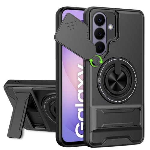 Image of AESTMO Samsung Galaxy S26 5G Back Cover | Armor Camera Slider 360 Degree Rotating Finger Ring Holder Case with Bracket Stand Back Case Cover (Compatible with MagSafe Accessories) (Black)