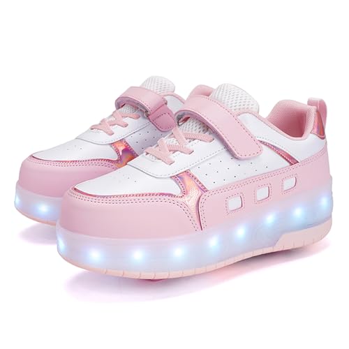 YTFCstep Roller Skate Shoes for Boys and Girls Kids LED Light Up Fashion Sneakers with Rechargeable and Detachable Wheels The Gift for Party Birthday Christmas Day,1.5 Big Kid,Pink