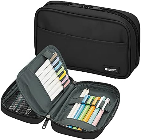 LIHIT LAB Large Capacity Zipper Pencil Case For School Office College, Big Capacity 4 Compartments Pencil Bag Holder Adults Teen Boys Girls, Travel Cosmetics Storage, Jet Black (A7551-124)