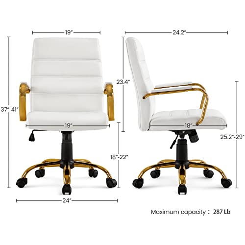 Topeakmart Office Desk Chair Mid-Back Adjustable Chair Pu Leather Executive Chair W/Gold Frame White Seat #TOP2