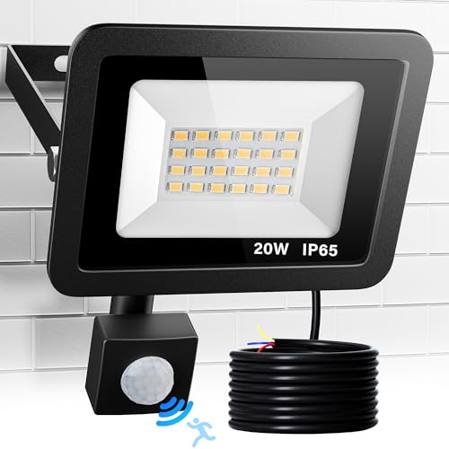 LED Strahler mit Bewegungsmelder Außen, 20W 2000LM 24 LED Beads Fluter, 3000K Warmtweiß Superhell Scheinwerfer Flutlicht, IP65 Aussenstrahler Wasserdicht Wandleuchte für Garten, Garage, Haus, Hof
