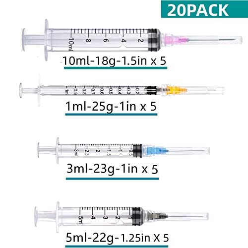 20 Pack Plastic Syringe Luer Lock with Needle - 10ml, 5ml, 3ml, 1ml Syringes and 18Ga, 22Ga, 23Ga, 25Ga Needle, Individually Sealed Package - Thumbnail 3