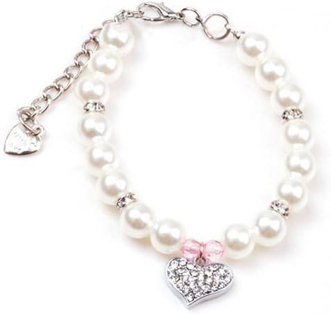 Fancy Pinky Crystal Heart Pet Cat Dog Necklace Jewelry with Bling Pearls Rhinestones Charm for Pets Cats Small Dogs Girl Teacup Chihuahua Yorkie Clothes Costume Outfits (12-Inch)
