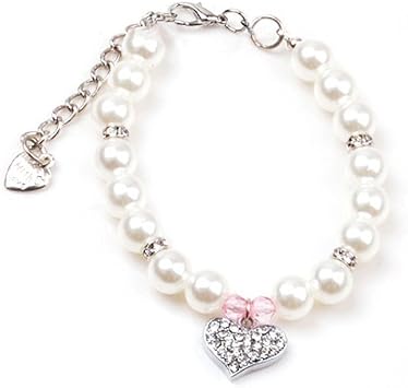 Fancy Pinky Crystal Heart Pet Cat Dog Necklace Jewelry with Bling Pearls Rhinestones Charm for Pets Cats Small Dogs Girl Teacup Chihuahua Yorkie Clothes Costume Outfits 10-Inch