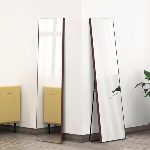 ofme 割れない軽量ミラー 日本製鏡面フィルム スタンド 割れない鏡 全身 大型 フィルム 軽量 防災 地震対策 姿見 ヨガ 筋トレ（高さ150×幅30cm,ウォールナット）[従来フィルムをグレードアップし、より鮮明でクリアな映りに]