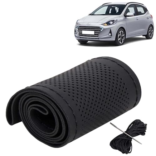 Image of KINGSWAY PU Leatherite Car Steering Cover Sewable Compatible with Hyundai Grand I10 Nios (Year 2019-2022), Black Color with Black Thread, Pack of 1 with Sewing Needle and Thread