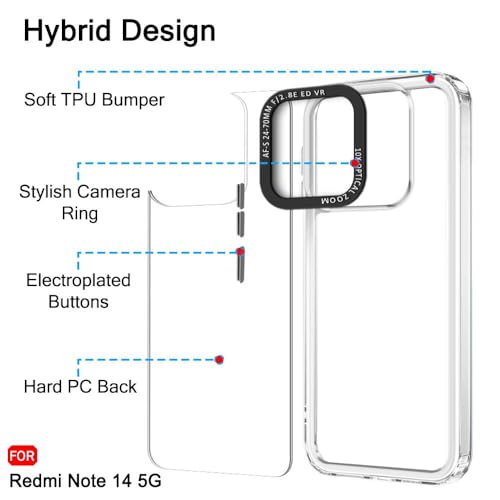 Image of TheGiftKart Hybrid Shockproof Back Cover Case for Mi Redmi Note 14 5G | Stylish Camera Border | Electroplated Buttons | Crystal Clear Hard Back Cover Case (TPU & PC, Transparent Bumper)