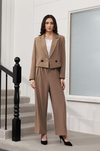 Lamgool Women's Suit 2 Piece Casual Outfits Cropped Blazer High Waisted Wide Leg Pants for Work2