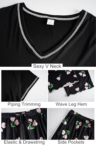 Image of Vozanet Women's Plus Size Pajama Sets Short Sleeve Long Pants Solid Color with Piping Trim Elegant Loungewear Cozy Sleepwear